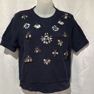 Banana Republic Navy Sweatshirt Cotton Rhinestone Beaded Short Sleeve Top Small